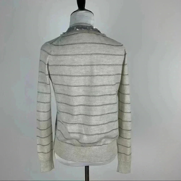 Ann Taylor petites sweater sz MP silver gray metallic 47% wool striped cardigan - Picture 4 of 9